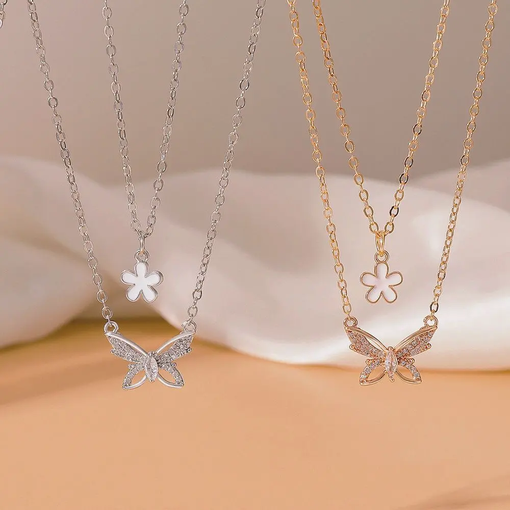 Fresh Twin Butterfly Necklace Women's Fashion Special Interest Light Luxury Double-Layer Flower Pendant Clavicle Chain Necklace