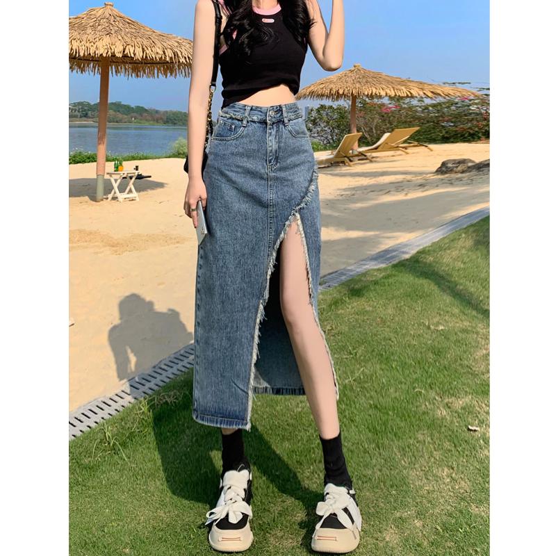 Product Introduction of Tassel denim mid-length spring and autumn 2023 new style raw edge high waist slimming fashionable all-match trendy long skirt 1