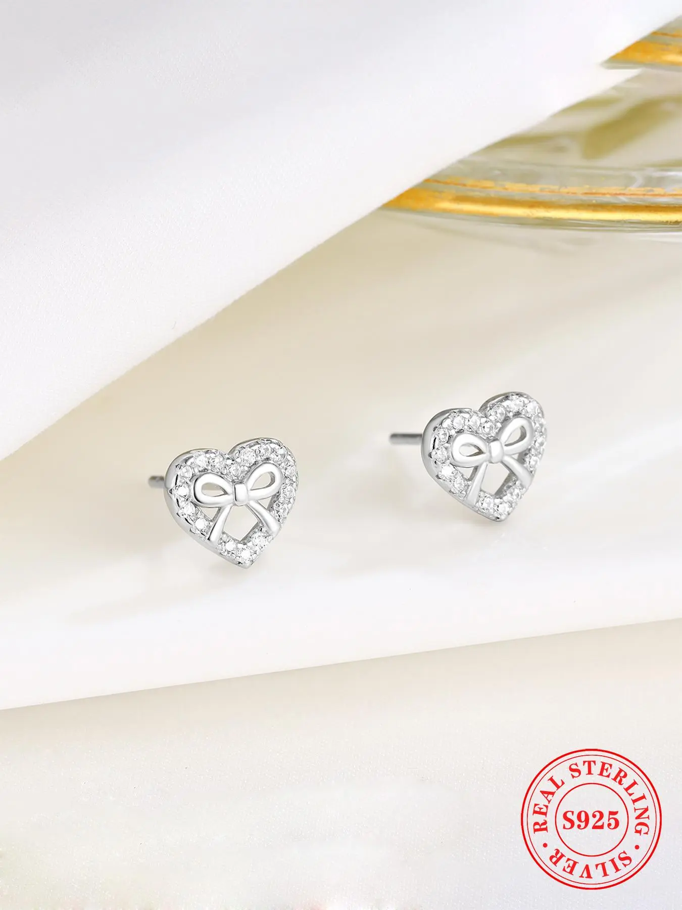 925 Sterling Silver Rhinestone Hollow Out Heart Design Stud Earrings, with Bow Decor, Fashionable Earrings for Women, Daily Clothing Decor, Perfect for Gift