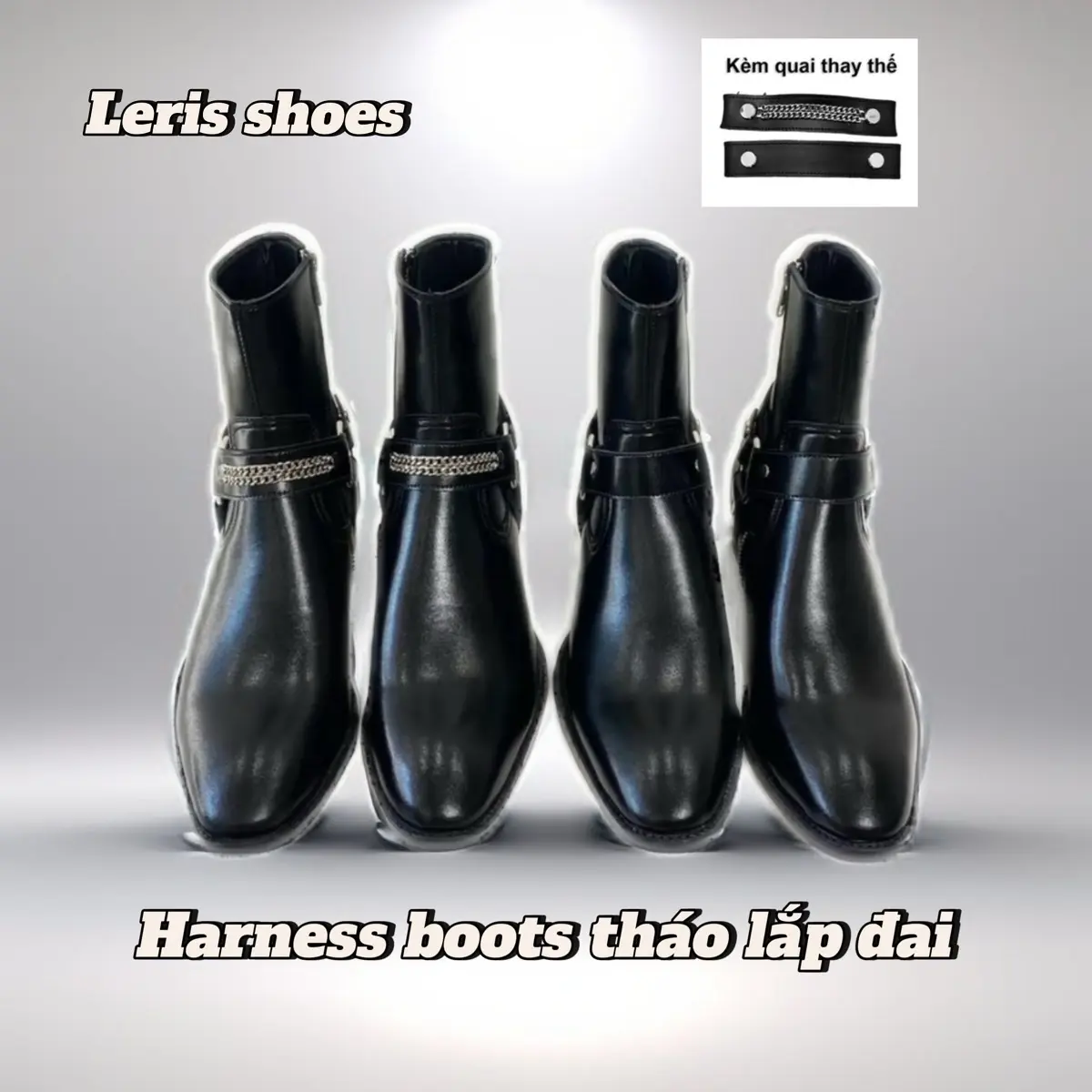 ( Xích tháo rời đi 2 kiểu ) Giày Harness boots nam chống nhăn dễ phối đồ Màu đen, da nappan bóng. Bảo hành da và đế 12 tháng