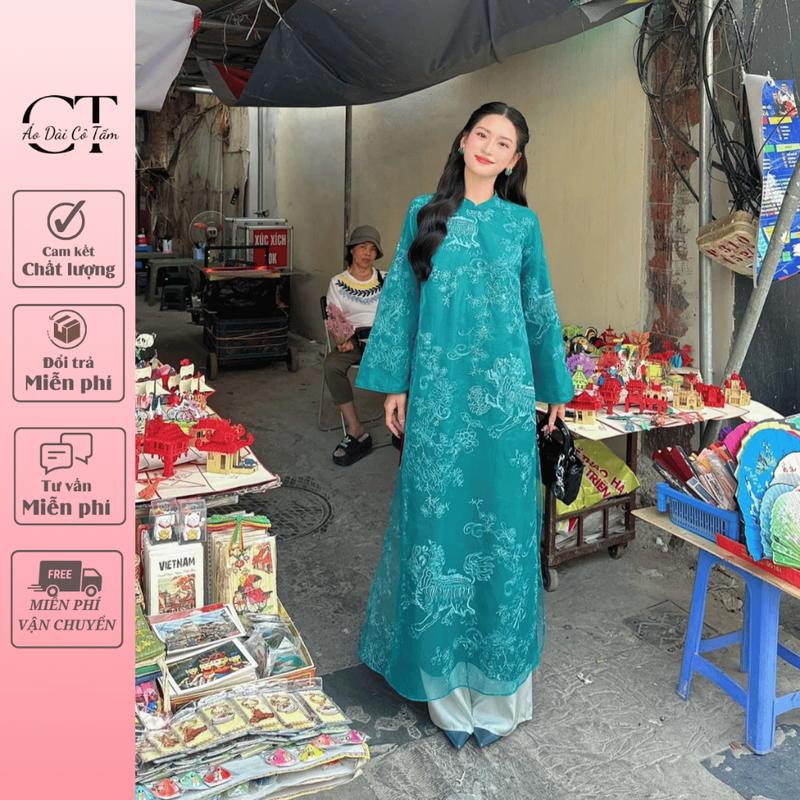 Áo dài Bích Sư cách tân dáng suông, chất liệu voan tơ thêu Kỳ Lân cao cấp - ÁO DÀI CÔ TẤM