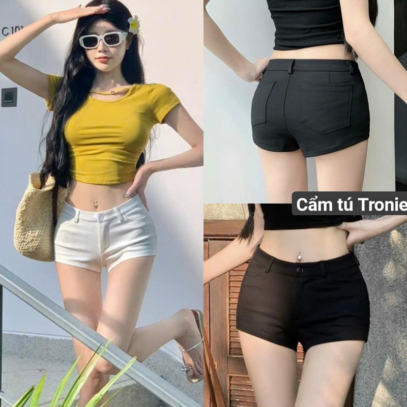 Quần short nữ cạp thấp chất umi hàn co giãn 4 túi màu Đen Trắng tôn dáng Quần Đùi nữ ngắn cạp trễ dáng ôm lưng cạp cao mặc ở nhà thể thao đi chơi chạy bộ Đẹp Thun Women Pants quan ngan nu quan om