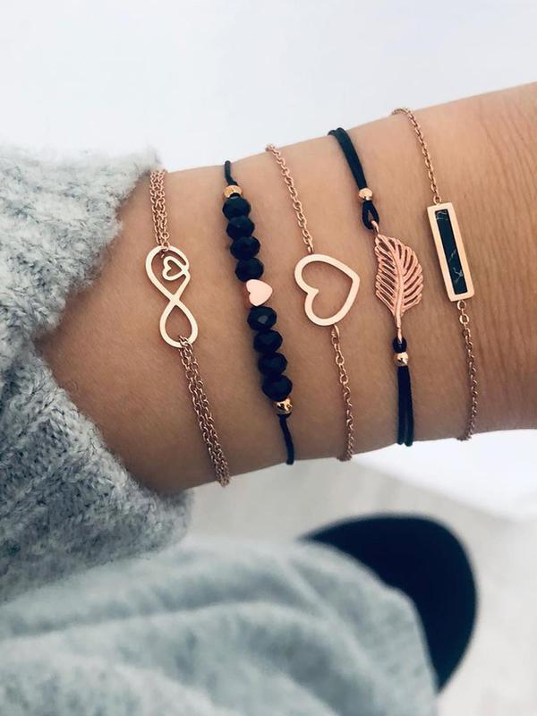 5pcs/Set Simple Beaded Heart Leaf Design Bracelet, Geometric Rectangle Hollow Bow Alloy Link Bracelet, Jewelry Gifts for Women Girls 3