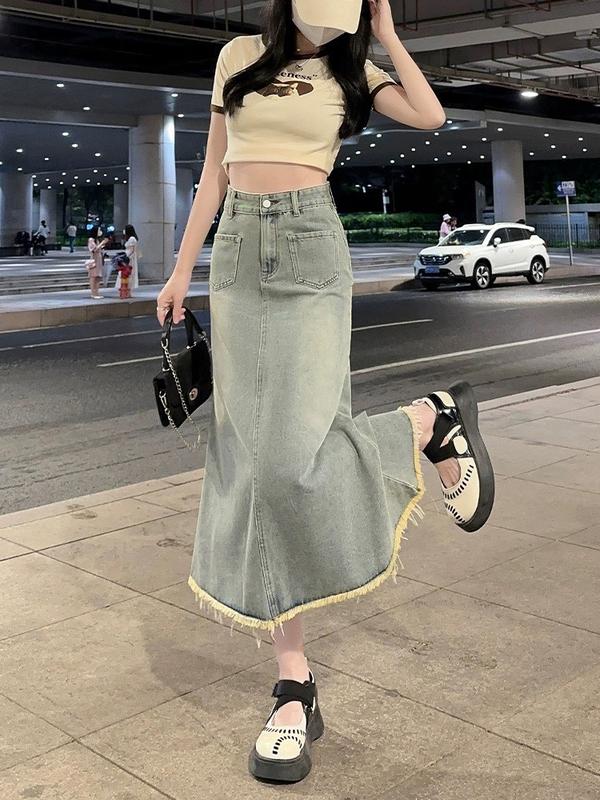 Chân váy jean nữ cạp cao tua gấu, chân váy KABICO đuôi cá dáng dài phong cách_A29