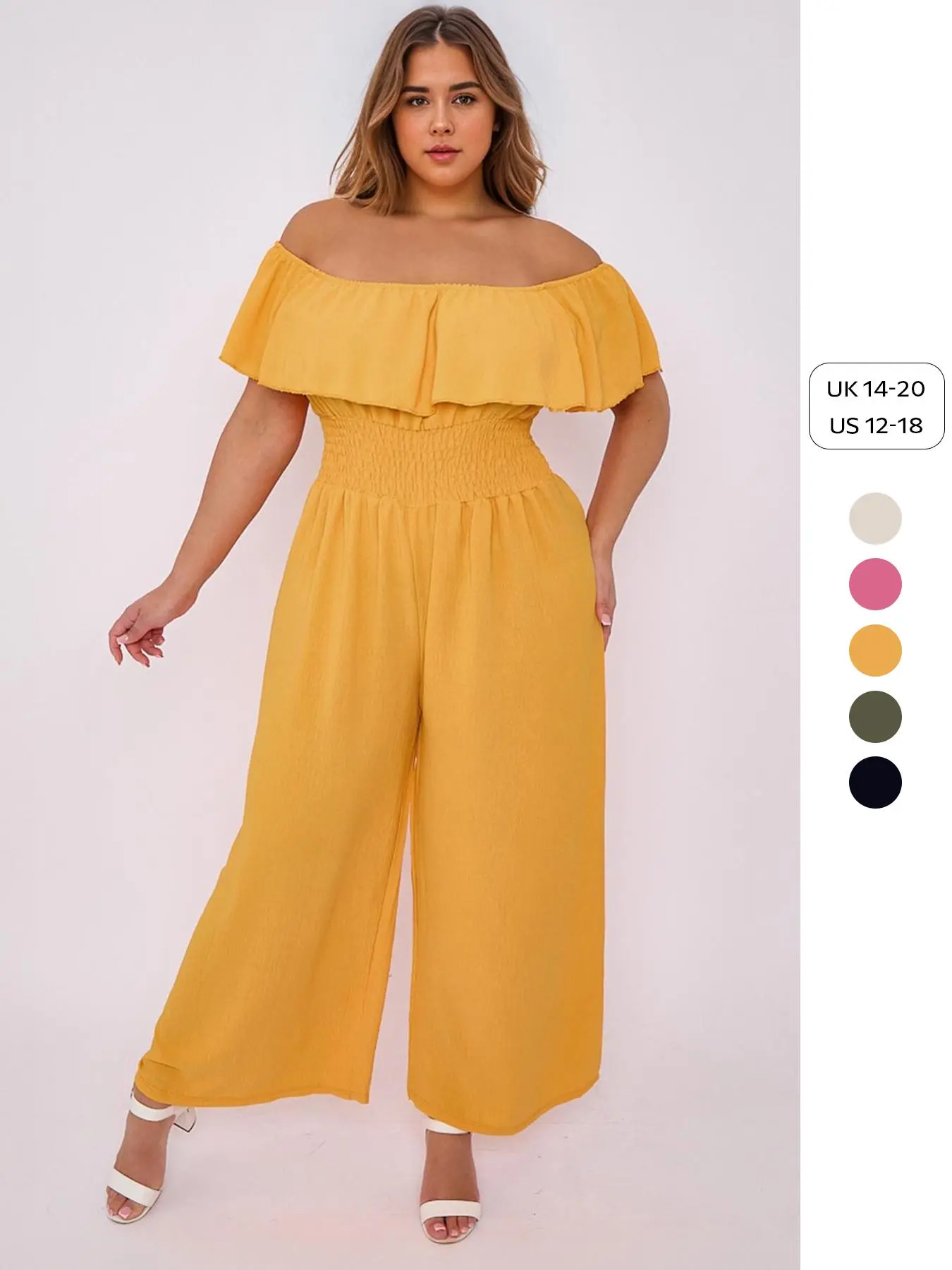 【Plus Size】 Solid Off Shoulder Wide Leg Jumpsuit, Casual Fashionable Shirred Jumpsuit for Daily Outdoor Wear, Women's Plus Clothing for All Seasons