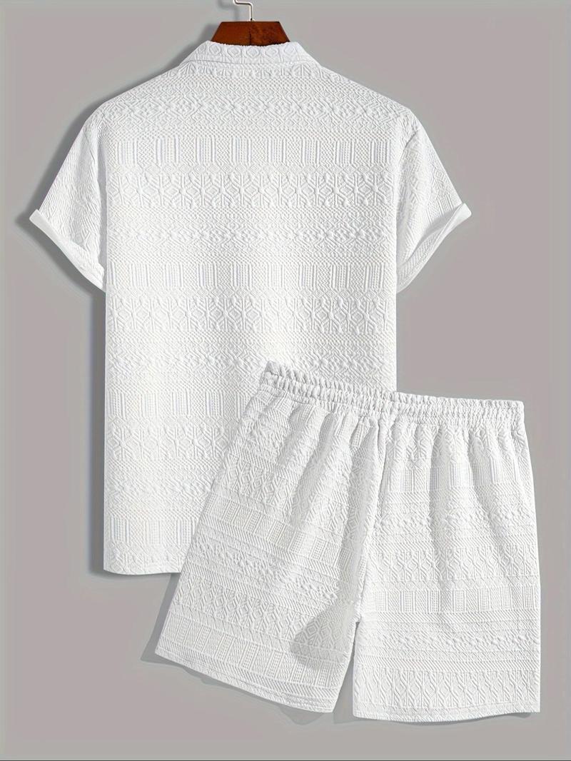 Product Introduction of Men's Jacquard Polo Shirt & Shorts Set, Regular Fit Casual Short Sleeve Collared Top & Drawstring Waist Shorts, Summer Clothes Set for Men 2