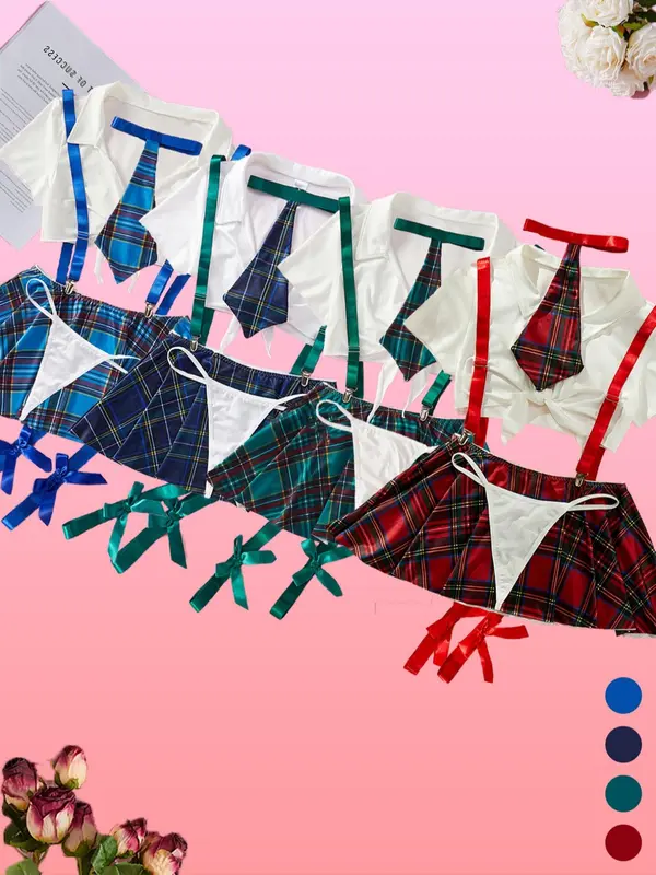 Women's Plain Knot Front Crop Top & Plaid Print Pleated Suspender Skirt & Thong & Tie & Bow Decor Thigh Band Set, Sexy Fit School Girl Adjustable Costume Set, Underwear Sets, Women's Lingerie & Underwear for All Seasons, Clothes, Womenswear, Cosplay 7