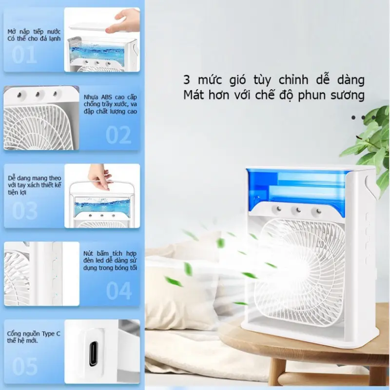 Quạt Điều Hòa Phun Sương Mini Làm Mát Dung Tích 600ml Có Chế Độ Hẹn Giờ Tích Hợp Đèn Led 7 Màu [ HÀNG LOẠI 1 ] 4