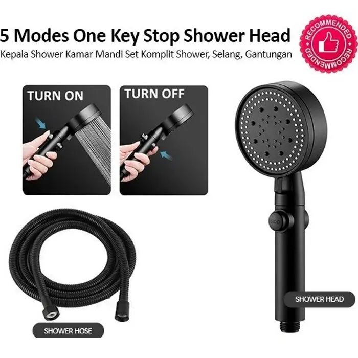 Paket Kepala Shower 5 Mode Selang 150cm Flexible Kamar Mandi Air Black