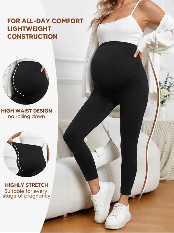 Women's Minimalist Solid Maternity Leggings, Pregnancy Plain High Waist Skinny Pants, Seamless Leggings for Daily Wear, Fashion Casual Maternity Pregnancy Bottoms for Women Lady, Pregnancy Clothes, Maternity Clothing 7