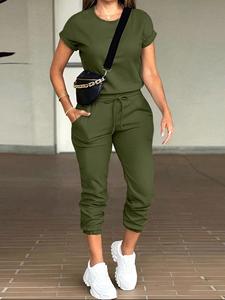 Two-Piece Set Women's Solid Batwing Sleeve Short Sleeve Tee & Drawstring Waist Pants, Casual Round Neck T-shirt & Pocket Trousers for Summer, Ladies Clothes for Daily Wear