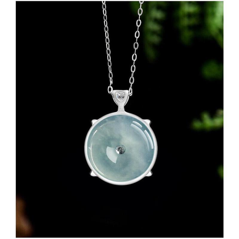 S925 silver inlaid with natural A jadeite blue water safety buckle ice jade pendant pendant necklace men's and women's pendant 6