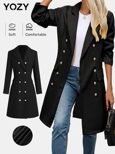 YOZY Women's Solid Double Button Pocket Lapel Overcoat, Casual Long Sleeve Woolen Coat for Fall & Winter, Women's Clothing for Daily Wear