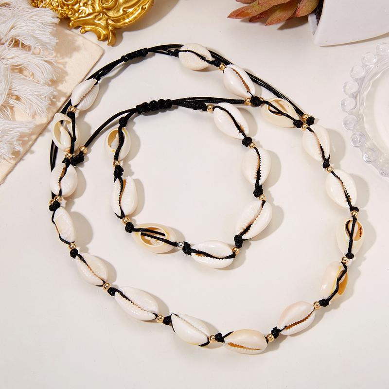 Bộ Vòng Cổ và vòng tay bện hình vỏ sò, phong cách Hawaii, bộ sưu tập bãi biển, bao gồm vỏ sò Móc Khoá 8