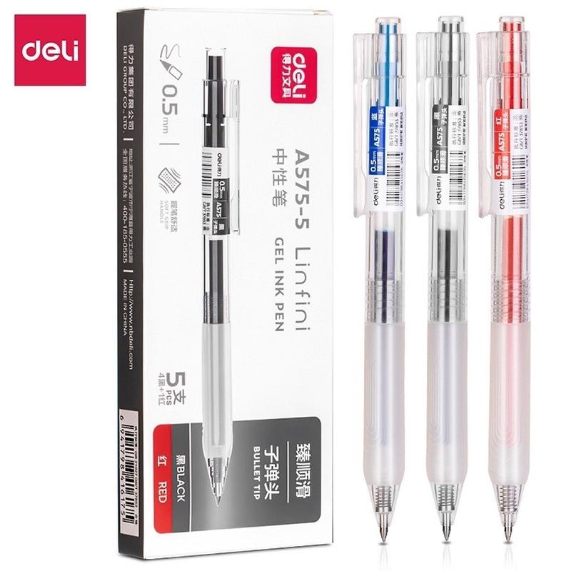 Cả hộp 5 Bút gel Deli A575 mực đen xanh đỏ ngòi 0.5mm viết trơn mượt nhanh khô có ruột thay thế