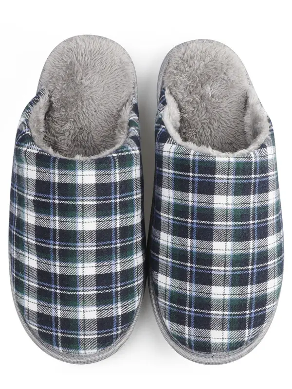 Men's Plaid Print Plush Slippers, Casual Comfortable Home Slippers, Warm Slippers for Indoor & Outdoor Use for All Seasons 0