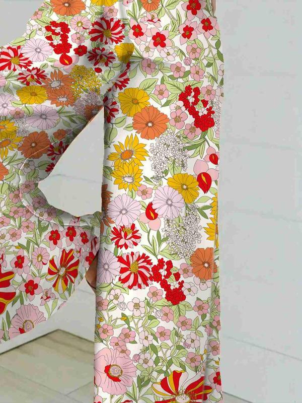 Plus Size Floral Print Shirred Wide Leg Pants, Boho Casual High Waist Trousers for Daily Holiday Vacation Wear, Women's Plus Size Bottoms for Summer 5