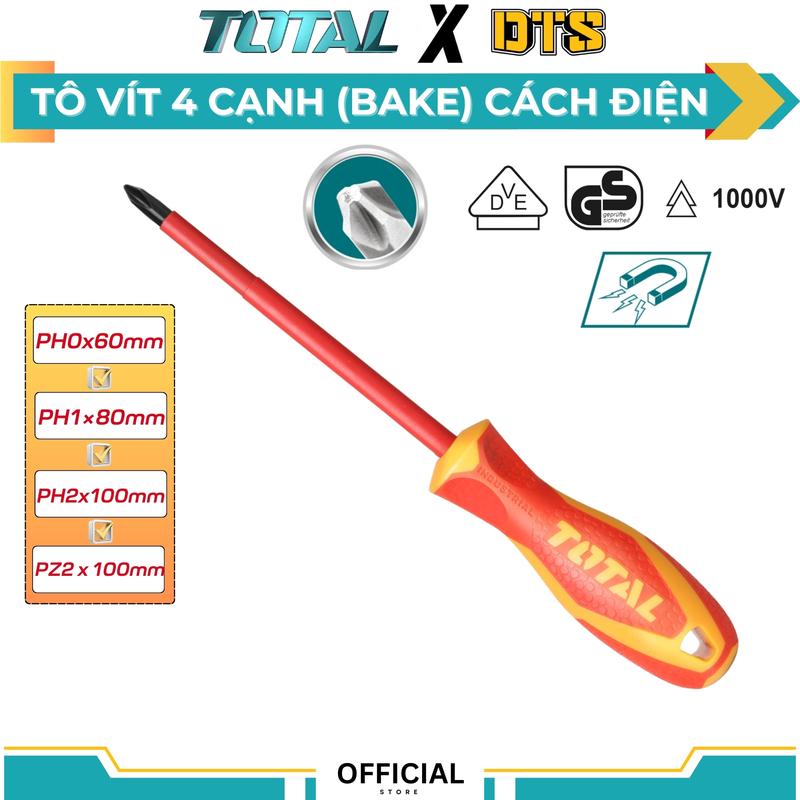  Tô vít 4 cạnh  bake  cách điện 1000V TOTAL  đầu nam châm từ tính hỗ trợ tháo siết ốc vít. Tiêu chuẩn VDE Châu Âu 