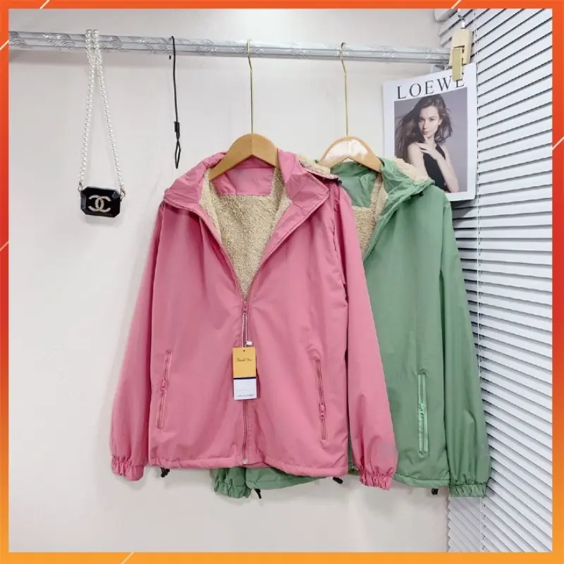 JEDIFSHOP Áo Khoác Gió Nữ Lót Lông Vải Chống Nước,Giữ Ấm Tốt
