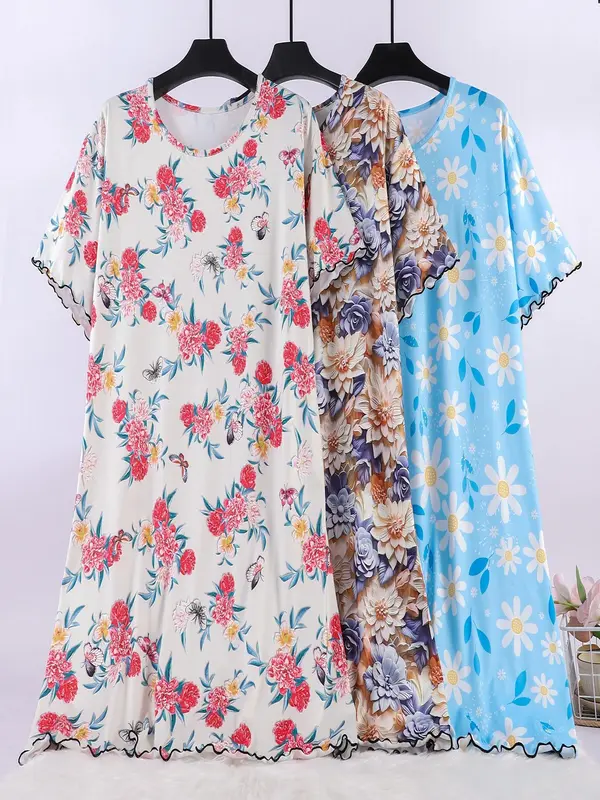 Plus Size Women's All Over   Floral Print Lettuce Trim Nightdress, Loose Casual Soft Comfortable Round Neck Short Sleeve Nightgown for Women, Women's Sleepwear for Summer 0