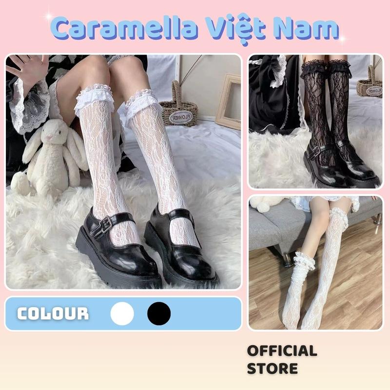  Tất Vớ Phối Ren Caramella Cao Cổ Co Giãn Tốt Phong Cách Lolita JK Y2K Công Chúa Màu Trắng Đen Quần Tất H037 