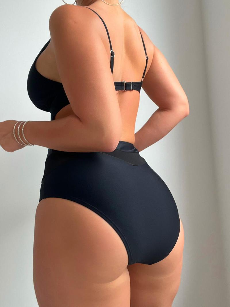 Product Introduction of Women's Sexy Plain Deep V Neck Contrast Mesh Backless One-piece Summer Swimsuit, Adjustable Strap Swimwear for Summer, Ladies Summer Bathing Suits 2024 for Beach Holiday Vacation, Tummy Control Swimswear for Women 9