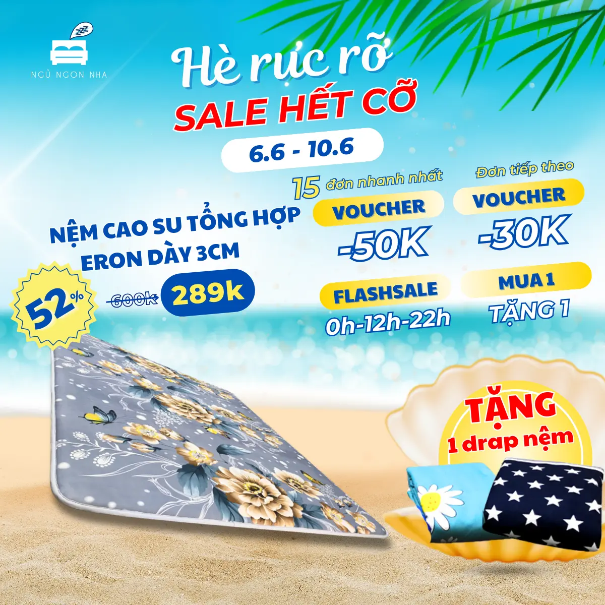 Nệm cao su trải sàn 3 lớp Eron dày 3cm - Êm ái và thoáng mát cao
