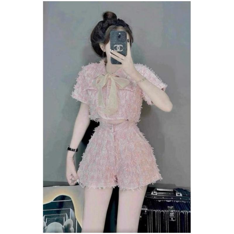 Set bộ nữ croptop dạ hồng hotrend kèm nơ tiểu thư - Hồng Phấn, chất liệu dạ lông, size S M 9