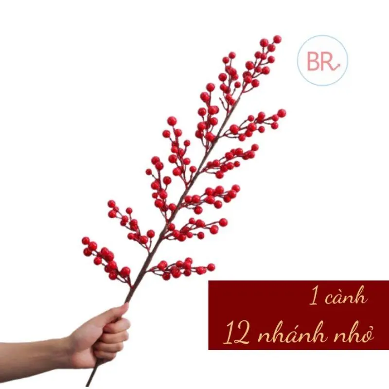 [Tặng bình] Cành đào đông đỏ 12 nhánh 90cm Decor phòng, Trang trí  + bình nhựa giả gốm kích thước 23 x 10cm - Trang Trí Nhà, Phòng Khách Len 4