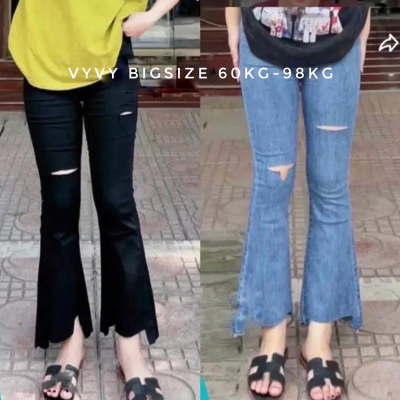 [Bigsize 60kg-98kg] Quần Jean Nữ Ống Loe Rách 2 Lai Đùi Gối Pants Women Lưng Cao