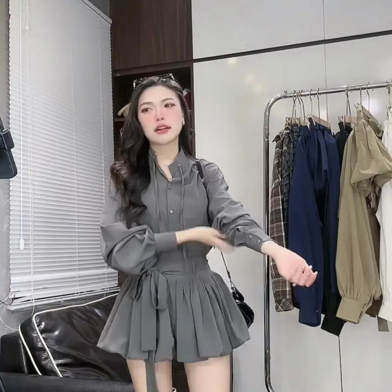 Sét áo sơ mi cổ tàu chân váy bồng bí nơ đai nữ .