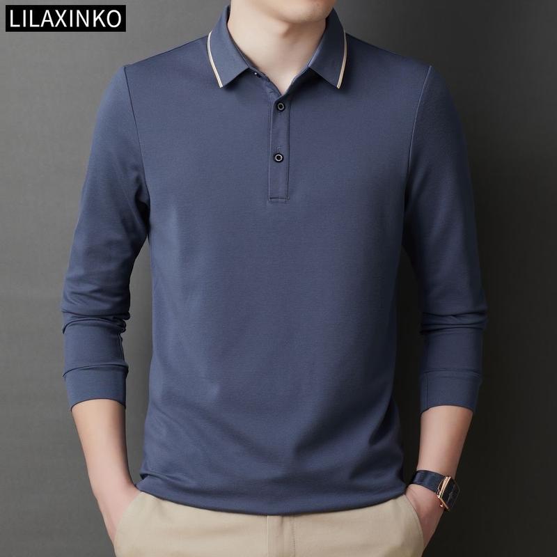 Áo polo nam dài tay áo thu đông nam vải poly 4 màu co giãn Top Có Cổ Shirt Nhung Menswear