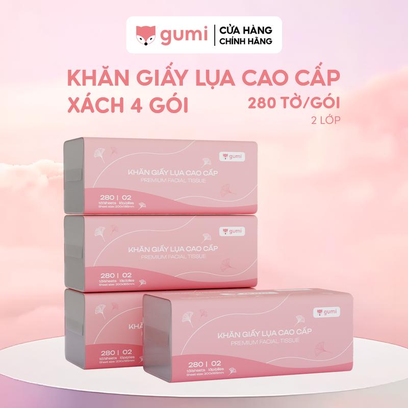 Xách 4 gói giấy rút lụa cao cấp GUMI, Khăn giấy lụa mềm mịn đảm bảo an toàn cho da.