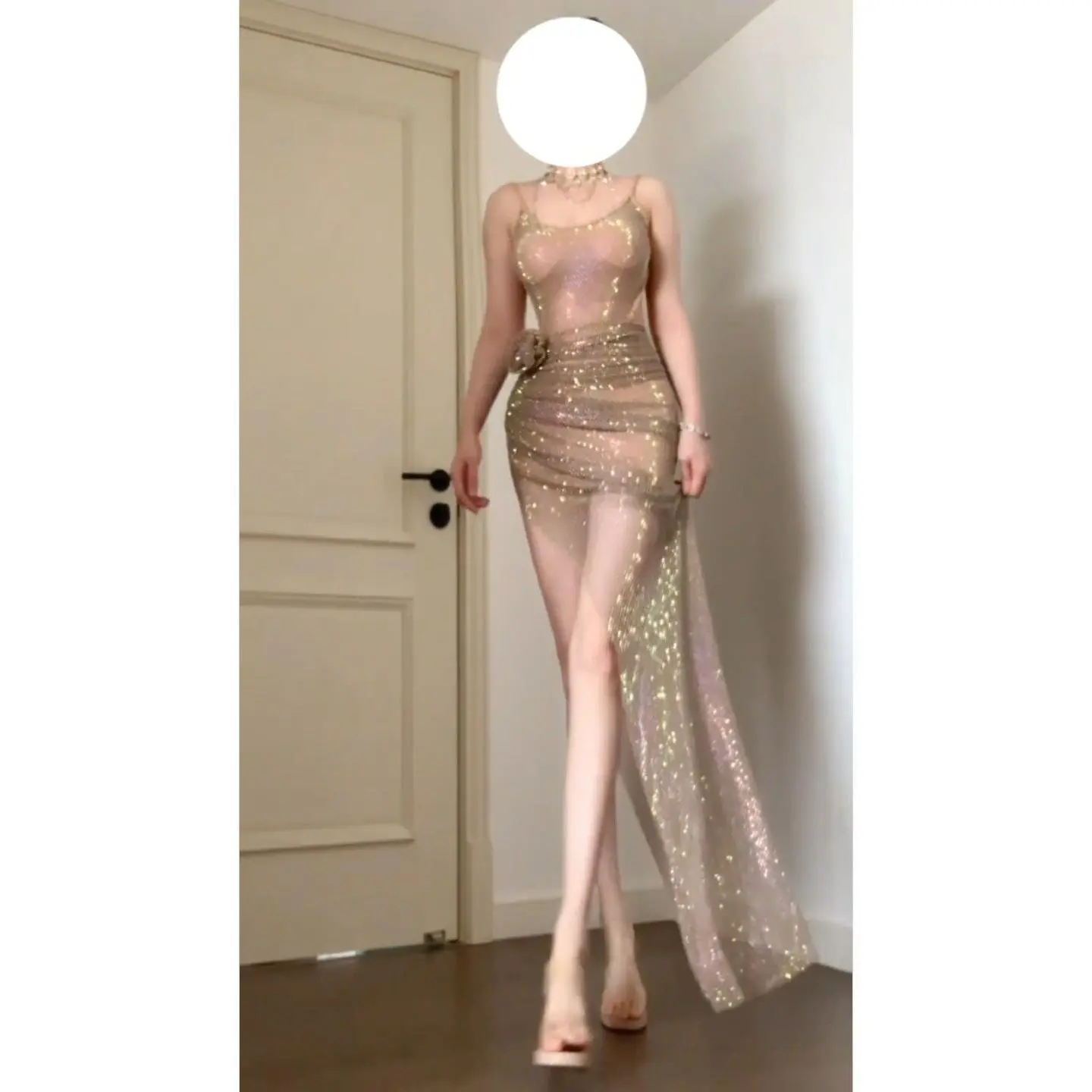 French Style High-End Backless Sequin Strap Dress for Women Summer Beach  Vacation Waist-Cinching Bodycon Gown Long Dress