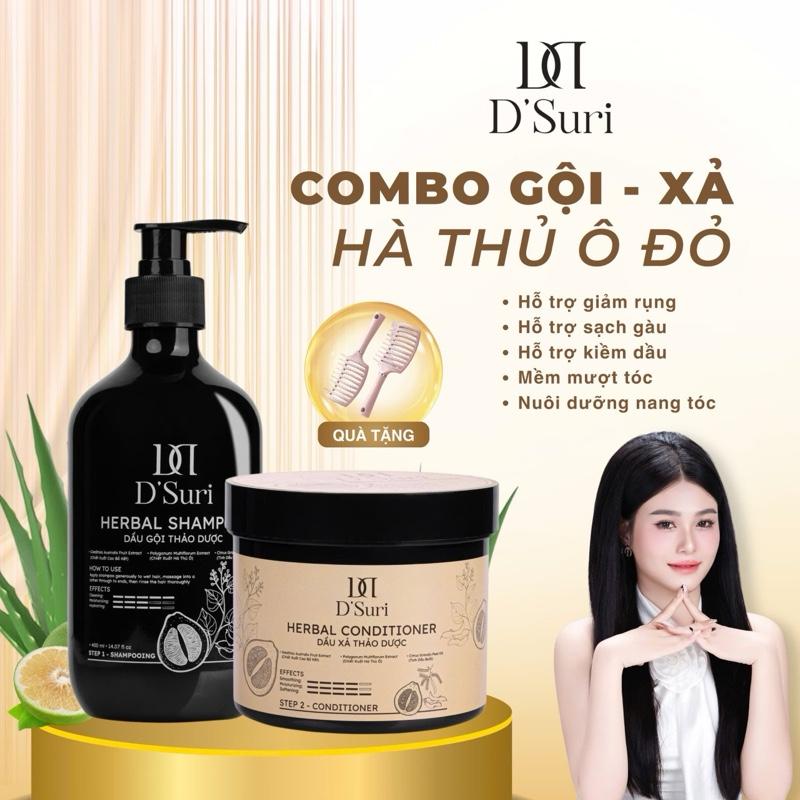 Combo Dầu Gội Xả Thảo Dược D'SURI Hà Thủ Ô & Bồ Kết 400ml giúp hỗ trợ giảm gàu, hỗ trợ ngăn rụng, hỗ trợ kích mọc tóc - Tặng Lược Gỡ Rối