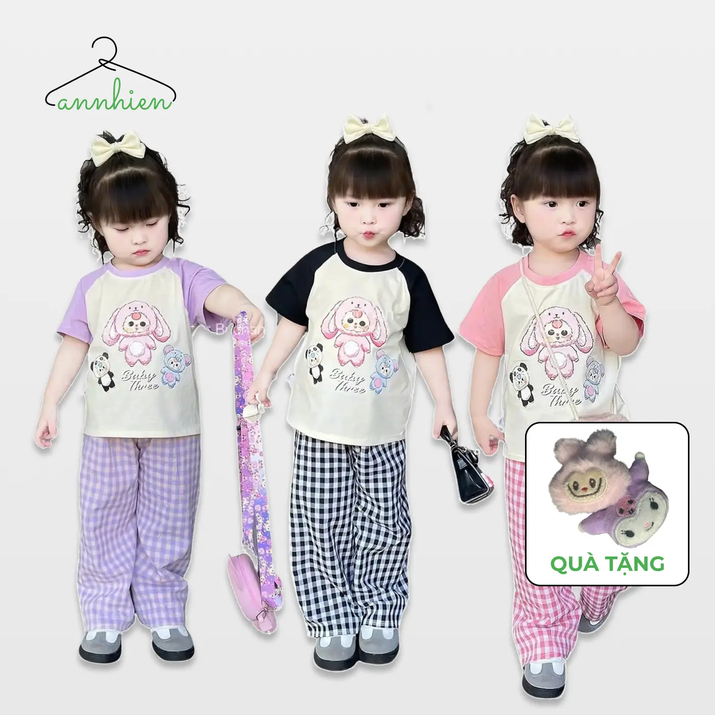 COMBO 3 MÀU (Tặng mặt gấu bông) Set đồ quần dài áo thun cho bé gái (TAM ĐA BABY THREE GIÁP LĂNG) vải mềm mịn size 9-30kg M034