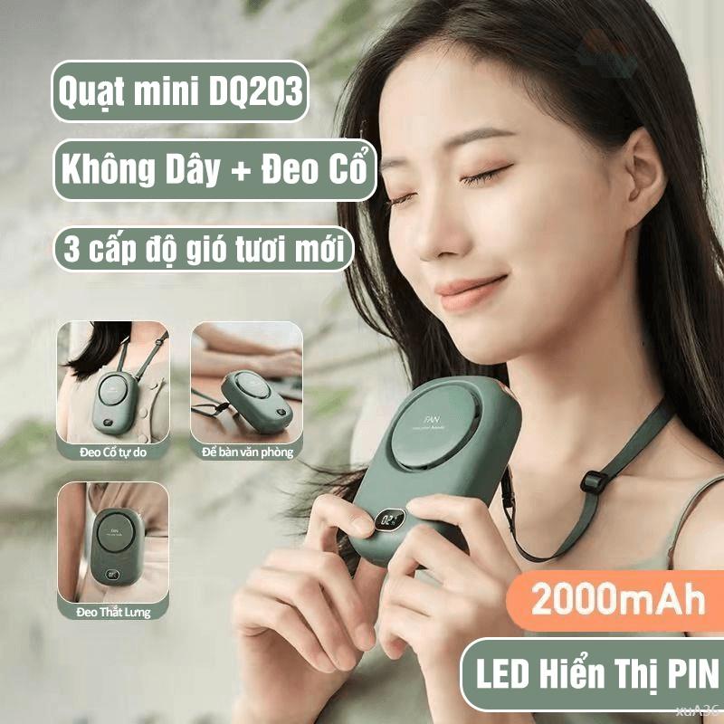 Quạt mini không dây đeo cổ tự do DQ203 tích điện 3 cấp độ gió hiển thich mức pin để bàn tiện lợi quatkep cam tay quạt thắt lưng điều hòa deo comini deoco trang trí goojodoq sò lạnh cầm al 02 usb 2tb