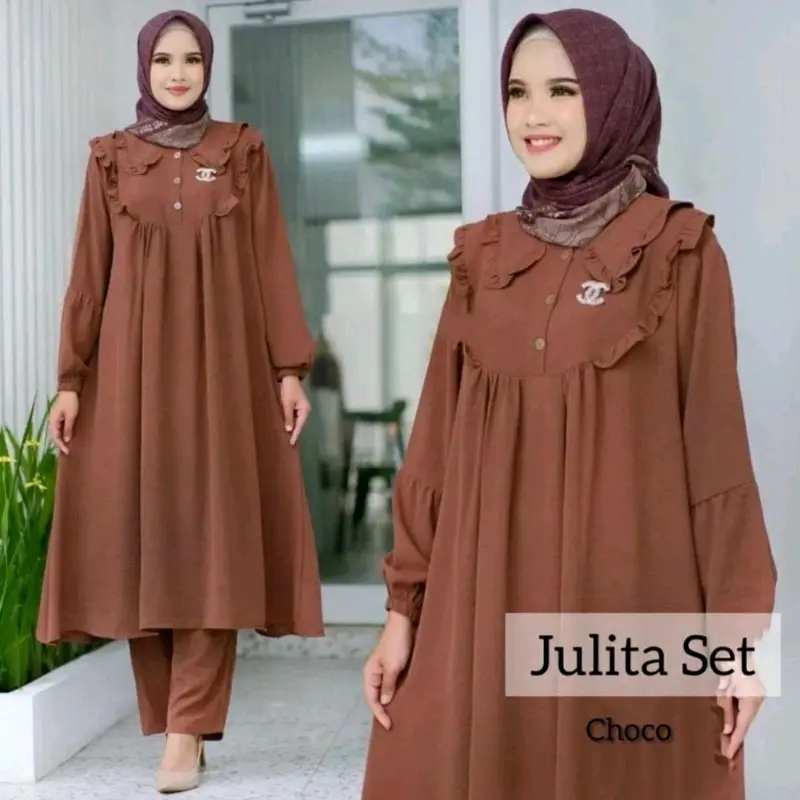 Stelan Wanita Muslim // Julia Set Tunik Hitam Polos Kantong 4
