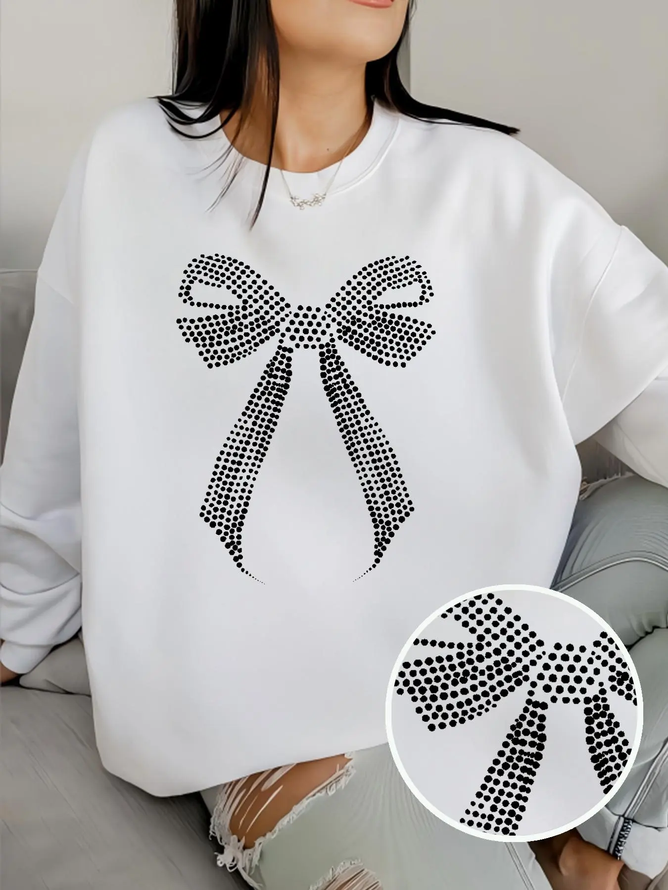 Women's Rhinestone Decor Bow Print Drop Shoulder Sweatshirt, Fashion Casual Long Sleeve Round Neck Pullover for Daily Wear, Ladies Fall & Winter Clothes