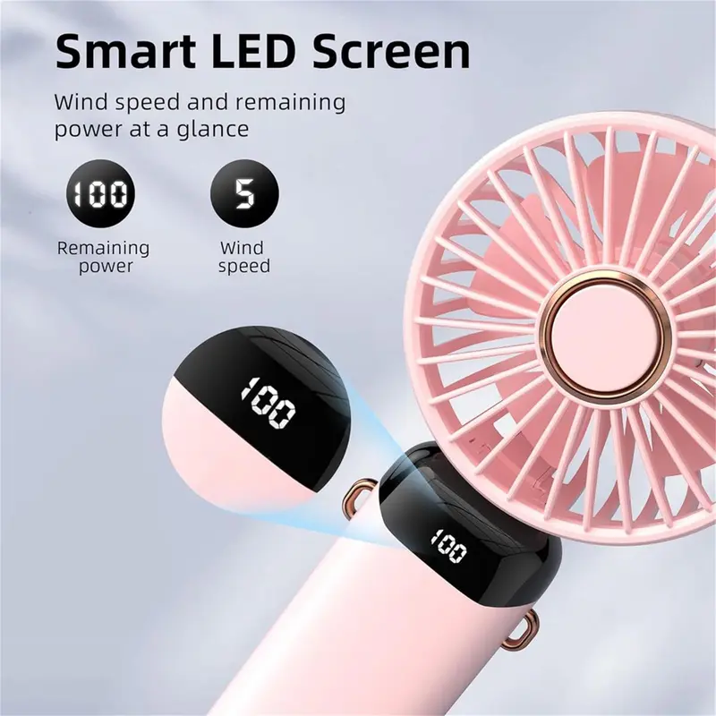 Portable Handheld Fan, USB Rechargeable Fan with LED Display, 90 °   Foldable Desk Fan with Base, 5 Speed Makeup Fan for Women 4