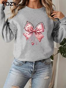 YOZY Women's Cartoon Bow & Heart Print Crew Neck Pullover, Fashion Casual Sweatshirt for Daily Holiday Outdoor Wear, Women Clothing Valentine's Day for Fall & Winter