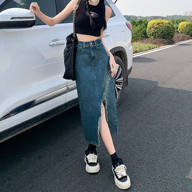 Split Denim Skirt Women's Summer New A- line High Waist Slimming Mid-Length Frayed Hot Girl Hip Skirt 9