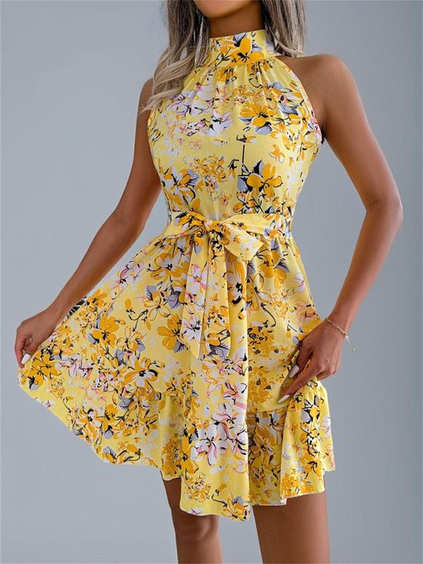 Women's All Over Floral Print Belted Dress, Casual Sleeveless Dress for Summer, Women's Clothes for Beach Holiday 0