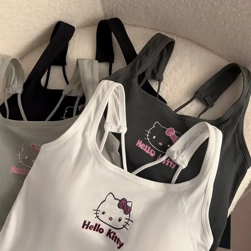 Sanrioed Hellokitty Fashion Women Clothing Y2K Tops with Breast Pad Cute T-Shirt Girl Summer Cropped Tops White Sexy Suspender