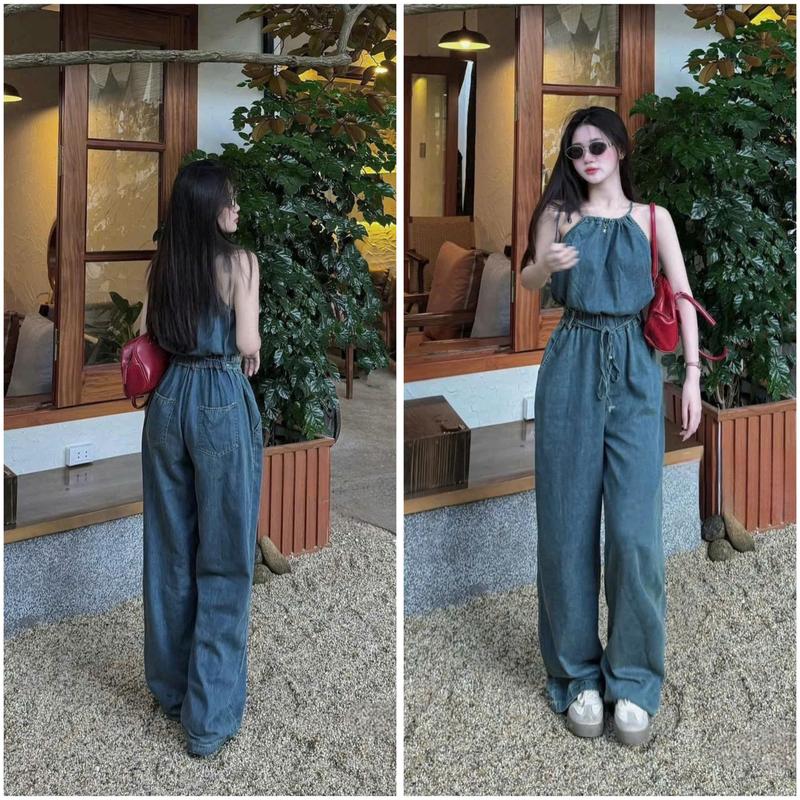 Bộ jumpsuit dài rút dây cổ yếm chất jean sang trọng thích hợp cho bạn gái diện đi chơi 1