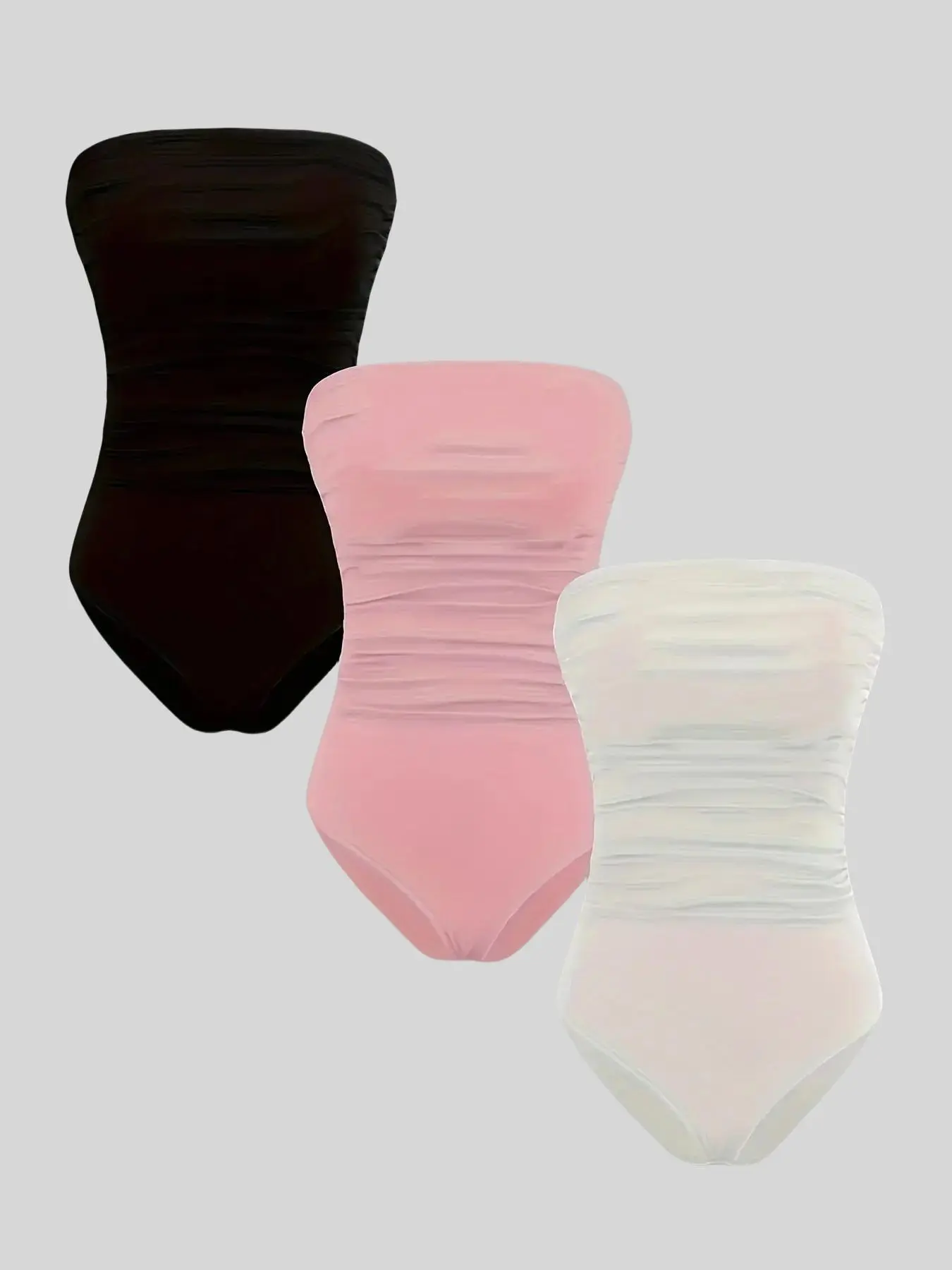 Women's Solid Ruched Snap Closure Crotch Tube Bodysuit, Casual Strapless Bodysuit for Summer, Ladies Clothes for Daily Wear
