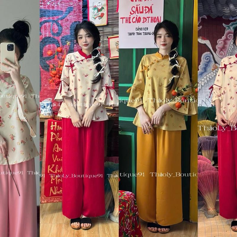 [Ảnh Thật] Set Áo Nhung Hoa Nhí Kết Nơ Tay Loe Dáng Xoè Phối Quần Lụa,đồ lam đi chùa,đồ tết