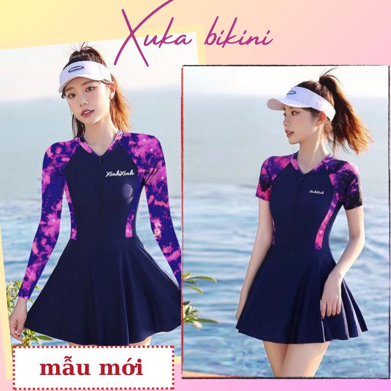 Đồ bơi liền thân nữ váy bikini kín đáo che khuyết điểm dáng váy phối màu tím galaxy