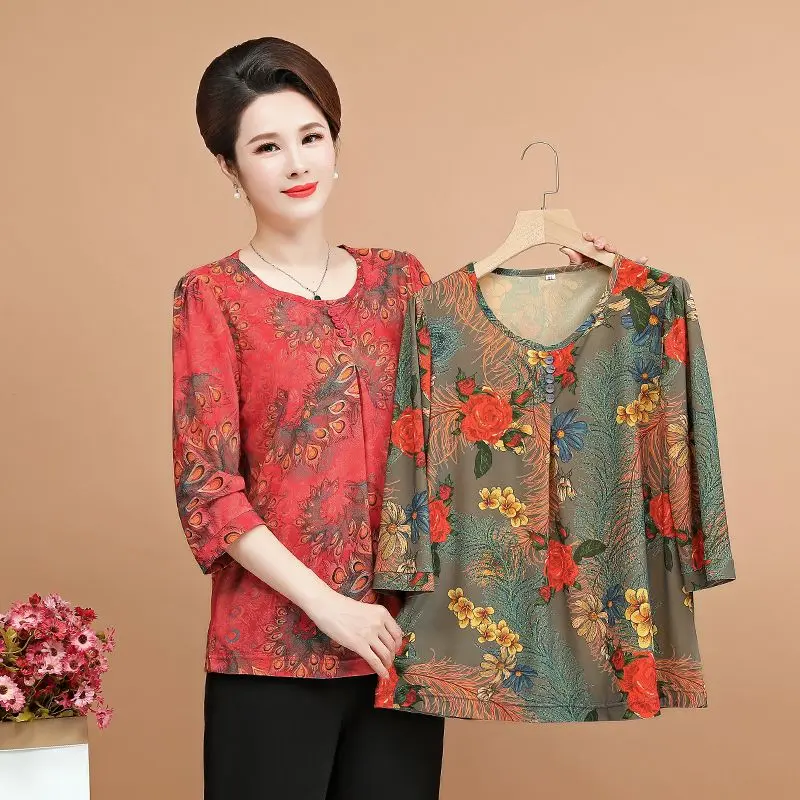 Trang Phục Mùa Hè, Tay Áo 3 / 4, Phong Cách Phương Tây, Dành Cho Bà Và Mẹ TRUNG NIÊN Và TRUNG TUỔI, Trang Phục Bà Già, Áo Phông ngắn Tay Dáng Rộng, Áo Nữ, Thích Hợp Cho Phụ Nữ 50 Tuổi, 2024