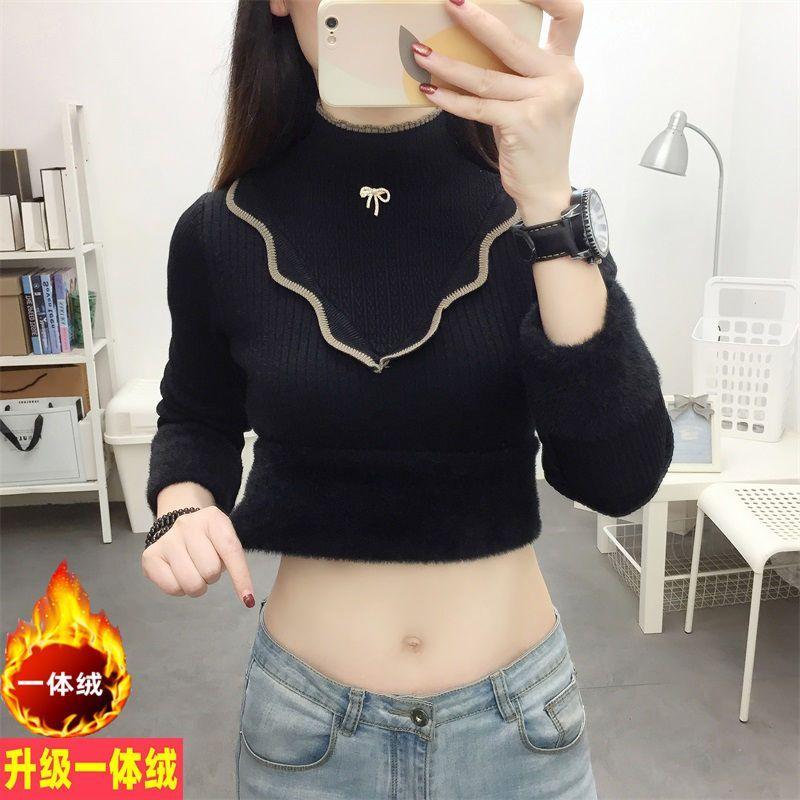 Áo Len Nhung, Dày Và Tích Hợp, Dành Cho Nữ, Hàng Mới Về Mùa Thu Và Mùa Đông, Áo Lớp Nền Có Đệm Nhung, Phong Cách Phương Tây, Có Thể Mặc Bên Trong, Cao Cao Cổ, Áo Len Ấm 3